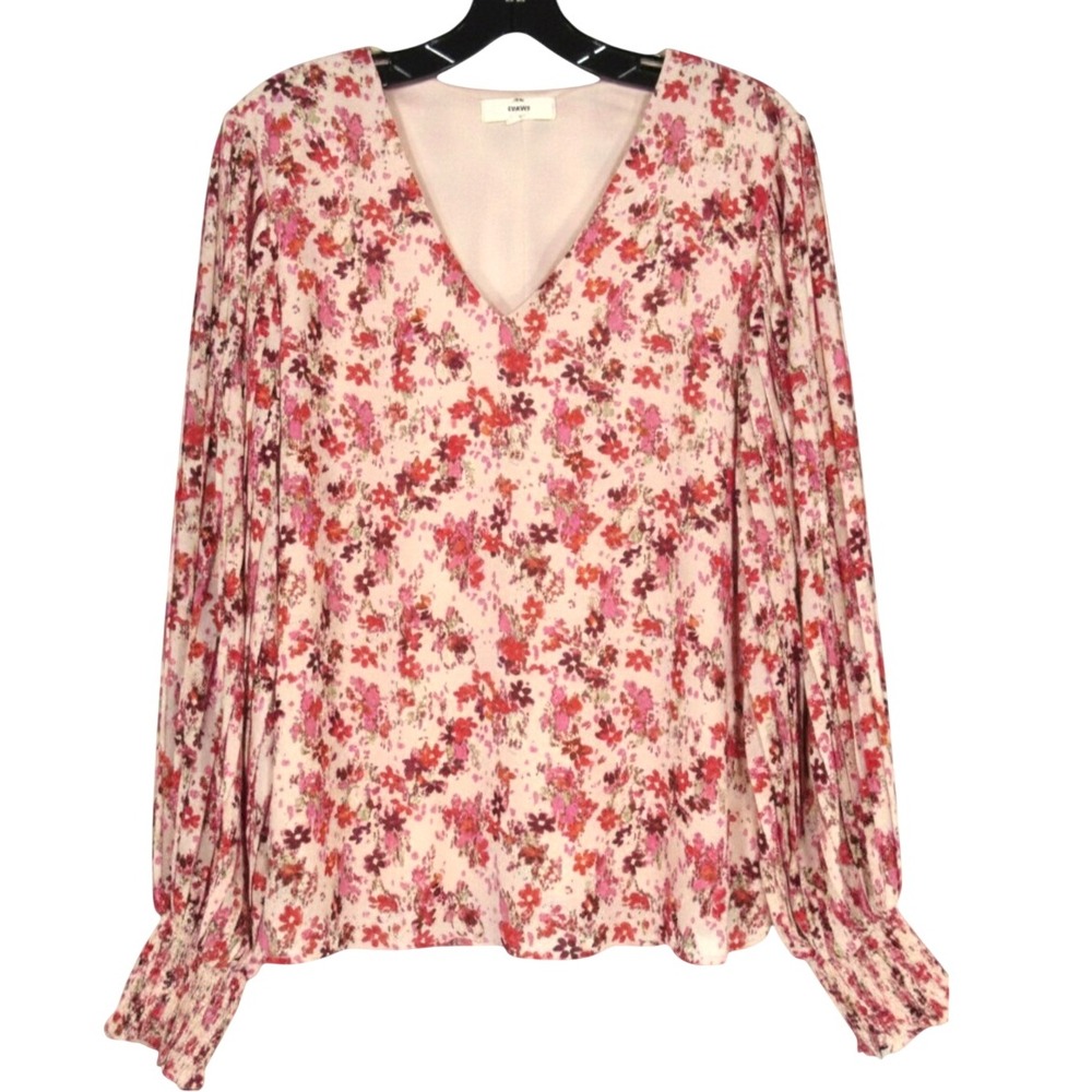 ENTRO Lined CREPE CHIFFON Pink Floral SMOCK WRIST Pleated TUNIC TOP/BLOUSE M